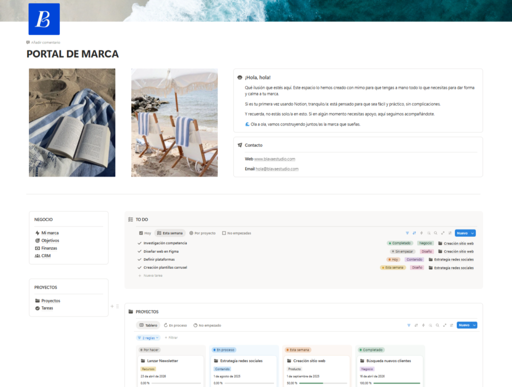 Portal de marca en Notion para la gestión empresarial, con áreas de branding, planificación, proyectos, CRM, finanzas y organización de tareas en un único espacio de trabajo.