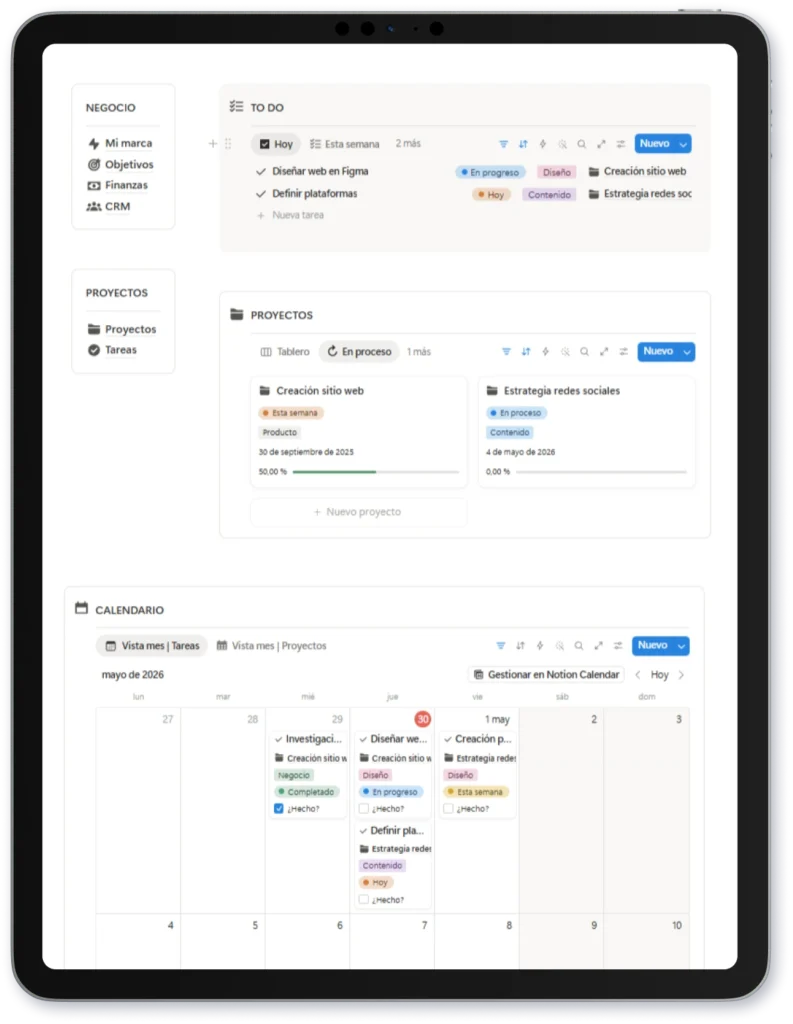 Sistema de organización empresarial en Notion mostrado en una tablet, con gestión de tareas, seguimiento de proyectos, planificación en calendario y control de actividades en un único espacio de trabajo.