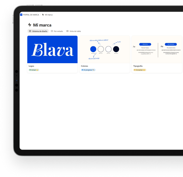 Sistema de identidad de marca en Notion mostrado en una tablet, con gestión de logotipos, colores corporativos, tipografías y recursos visuales para mantener la coherencia de marca.