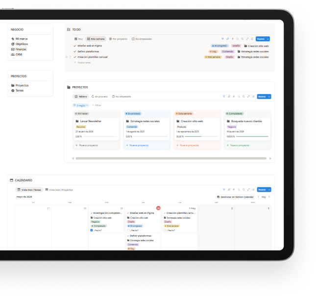 Sistema de gestión de proyectos en Notion mostrado en una tablet, con organización de tareas, seguimiento de proyectos por estado y calendario de planificación de actividades.